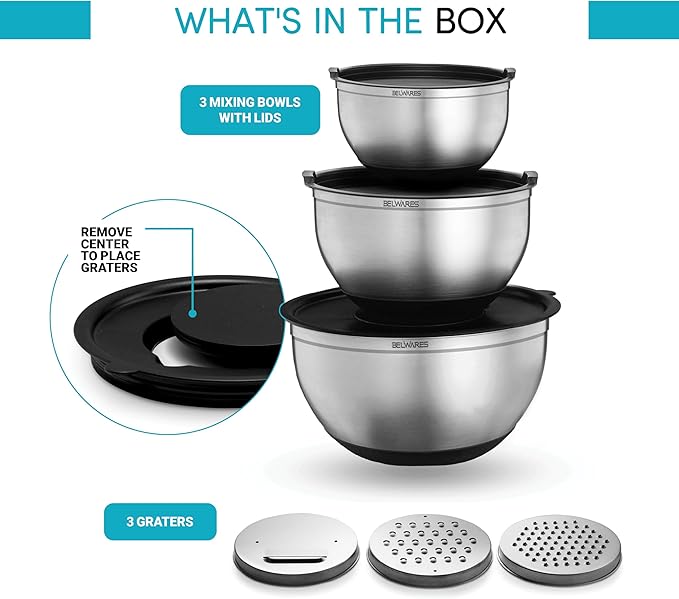Belwares Mixing Bowls with Lids Set - Stainless Steel Nesting Bowls with Graters, Pour Spout & Non-Slip Base - Kitchen Mixing Bowls for Cooking, Baking, Salad Prep & Food Storage (Set of 3)