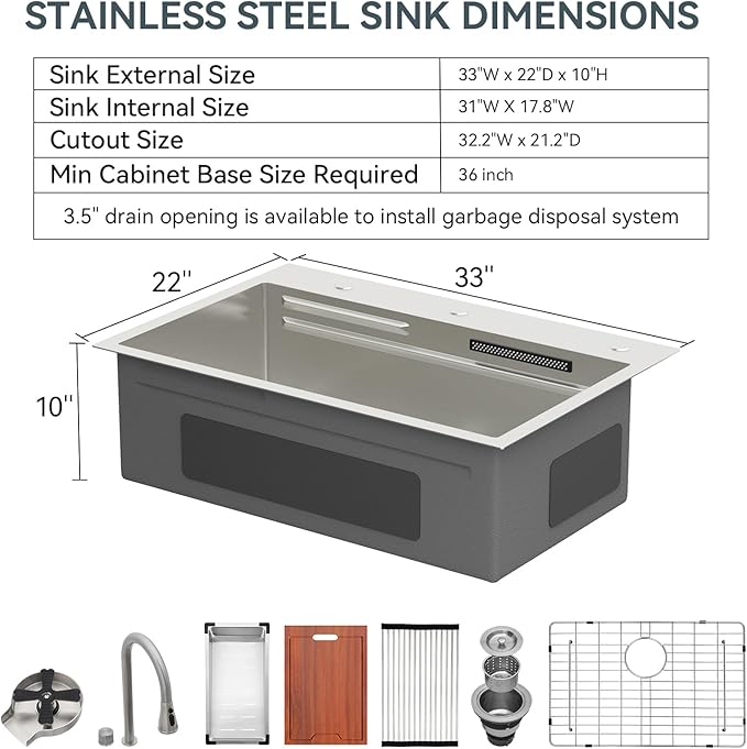 Lordear 33 Watefall Kitchen Sink 33x22 Drop In Kitchen Sink Stainless Steel 16 Gauge Single Bowl Multifunctional Workstation Sinks with Built-in Accessories,Split Faucet Style