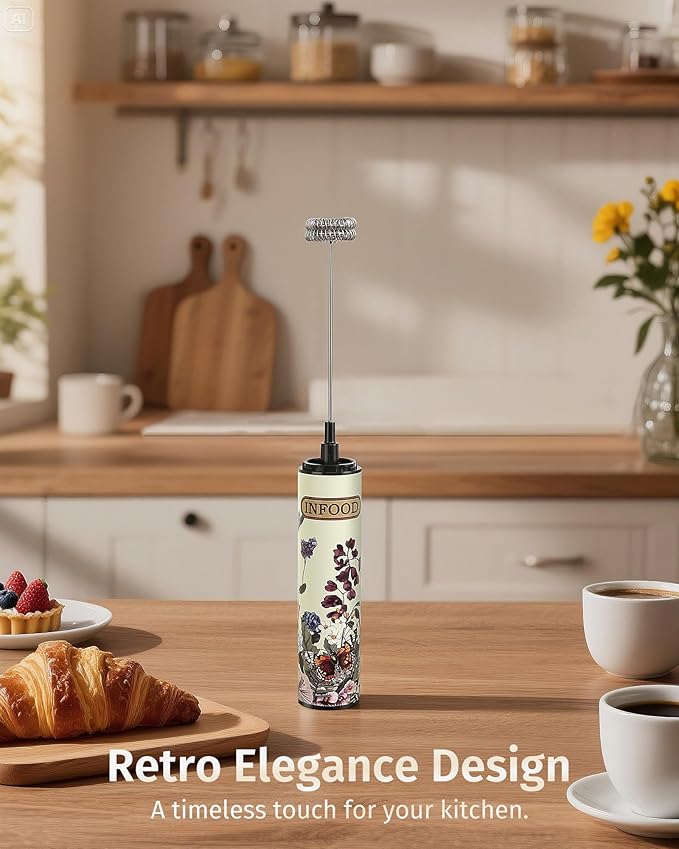 Milk Frother Rechargeable with Cover - Coffee Frother Wand, Drink Mixer Handheld with 2 Detachable Stainless Whisks 2 Speed Adjustable for Latte, Cappuccino, Hot Chocolate, Egg, Vintage Floral