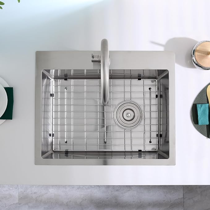 ROVOGO 22x18x9 in. Drop-in Kitchen Sink Single Bowl with 1 Faucet Hole, 304 Stainless Steel Handmade Modern Sink Top Mount with Bottom Grid and Offset Drain, Brushed
