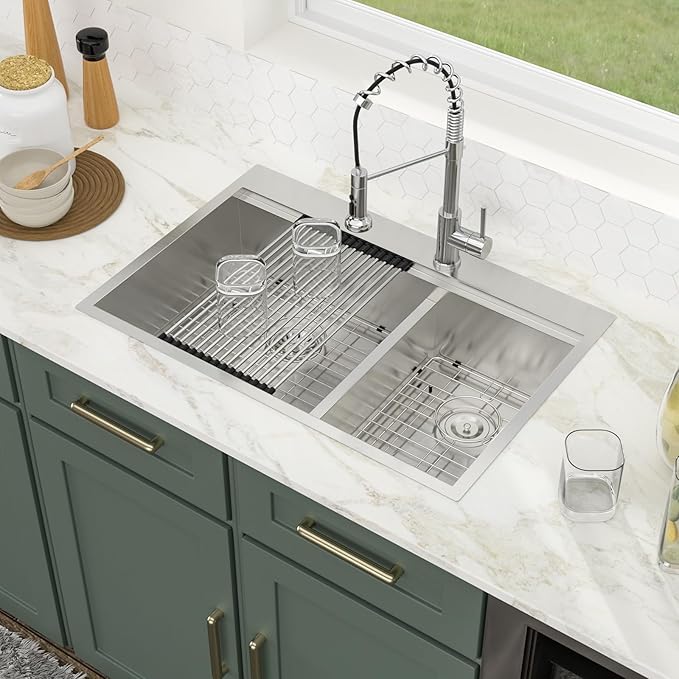 Logmey 33x22 Drop In Kitchen Sink Double Bowl 60/40 Sinks - 33 inch Workstation Sink Low Divide 60/40 Double Stainless Steel Ledge Sink Topmount 9" Deep Kitchen Sink