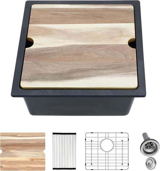 Kichae Black Undermount Bar Sink - 18 x 18 Black Composite Granite Undermount Wet Bar Prep Kitchen Sink