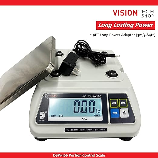 VisionTechShop DSW-100 Portion Food Scale with Dual LCD Display, Stainless Steel Platter, 6lb Capacity, 0.002lb Readability, Lb/Oz/Kg/g Switchable, Low Profile Design, NTEP COC #22-007, NSF Certified