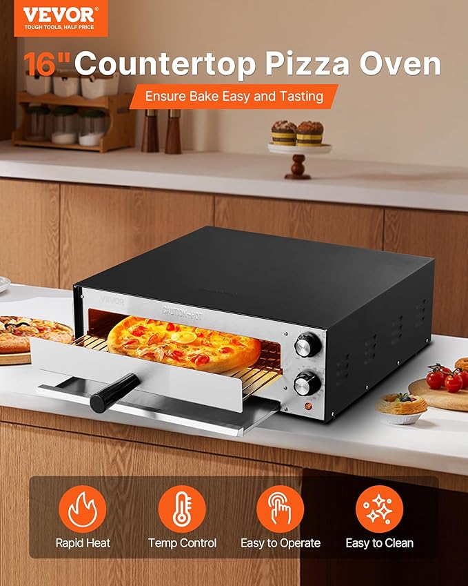 VEVOR Electric Pizza Oven, 16-inch Indoor Pizza Ovens, 572°F Max Temp, 1750W Commercial Pizzas Maker w/Timing & Temp Control, Countertops Pizza Cooker w/Pizza Rack, Crumb Tray, Diner and Home