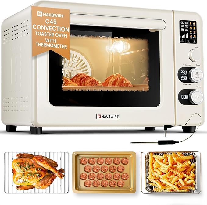Hauswirt Toaster Oven Air Fryer, XL Large Convection Oven Countertop Rotisserie Chicken 42Qt 3-Tier for 5-8 People, 8 Mode Smart Toaster Stainless Steel 80°F - 500°F Quick & Even Crisp - Ivory