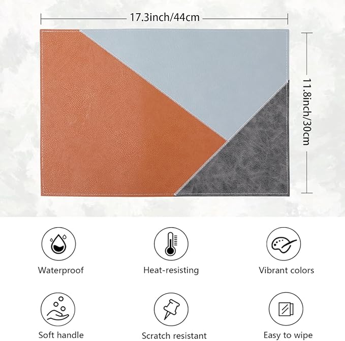 Faux Leather Placemats Set of 6 Waterproof,Reversible Geometric Pattern PU Placemat for Dining Table,Heat Resistant Wipeable Anti Slip Washable Table Mats,Modern Table Protectors