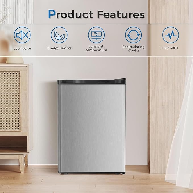 Antarctic Star Mini Compact Refrigerator with Freezer, 2.6 Cu.Ft. Single Door Adjustable Removable Shelves for Apartment/Dorm/Office,Silver