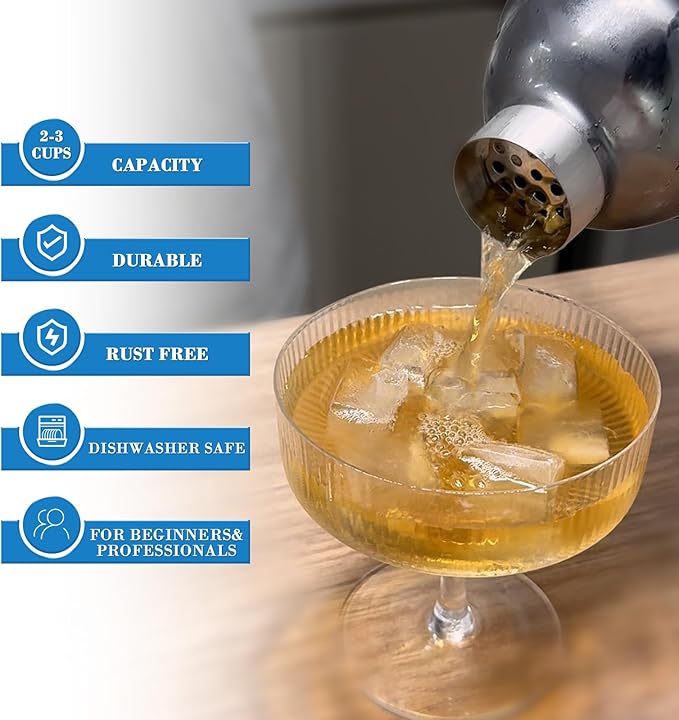 Stainless Steel Cocktail Shaker Set, 24oz/750ml Bartender Kit Includes Strainer and Stir Stick for Home, Bar, Party, Bar Accessories for The Home Bar Set (Black)