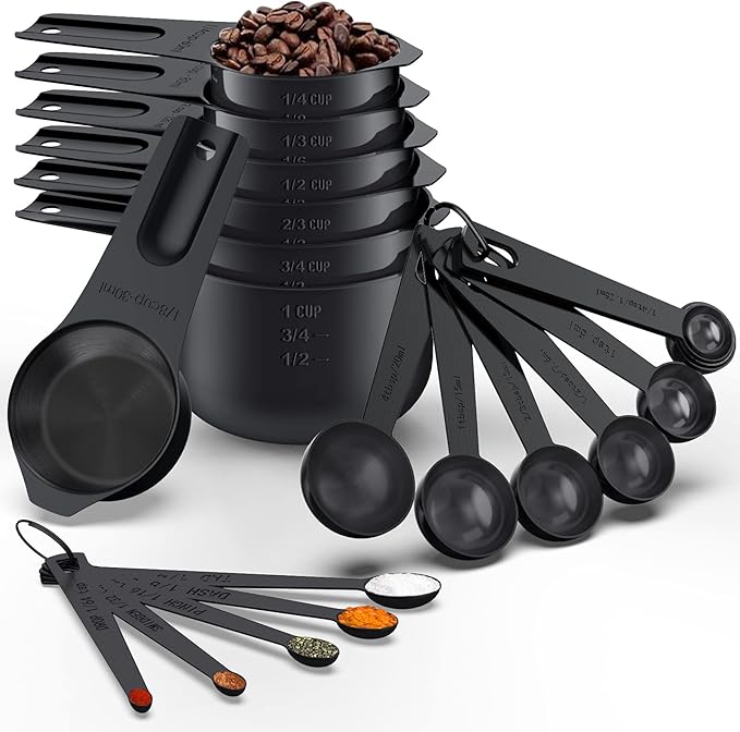 21 Pcs Stainless Steel Measuring Cups and Spoons Set, Wildone Stackable Metal Measuring Cups and Spoons for Cooking & Baking, Includes 7 Cups, 9 Spoons and 5 Mini Spoons（Black）