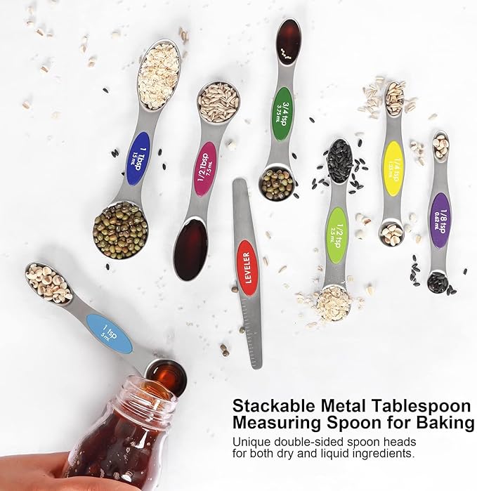 Multicolor Magnetic Measuring Spoons Set with Leveler - Stainless Steel, Stackable, Fits Spice Jars - For Baking Kitchen
