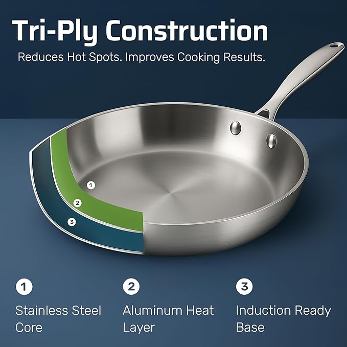 Gotham Steel 10 Pcs Stainless Steel Cookware Set, Pots and Pans Set Non Stick with Induction Cookware, Made Without PTFE PFOA PFOS, Metal Utensil Safe, Oven and Dishwasher Safe