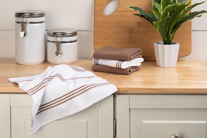 Sticky Toffee Cotton Dishcloths Set of 8 – Brown and White Dish Towels 12x12 in, Reusable and Absorbent Tea Towels for Cleaning or Drying, Oeko-Tex Cotton