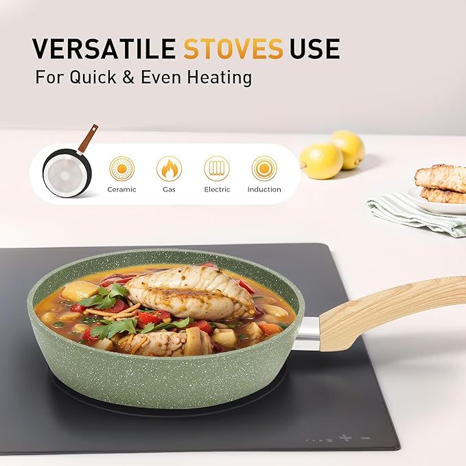 17 Piece Pots and Pans Set Non Stick, Nonstick Induction Granite Kitchen Cookware Sets, Induction Cookware Frying Pans, Nonstick Granite Cooking Set, Pan Sets for Cooking, Green