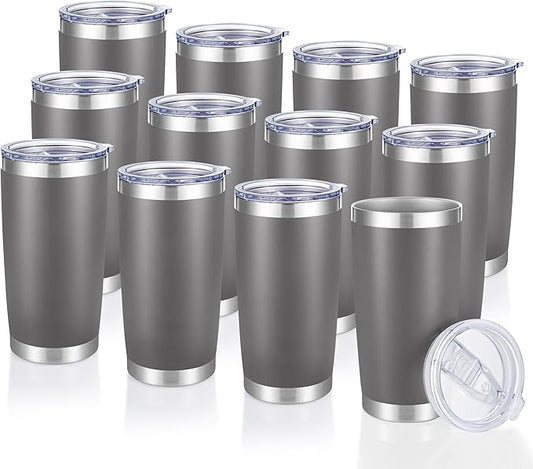 20 oz Tumblers Bulk Stainless Steel Tumbler with Lid Double Wall Vacuum Insulated Coffee Mug 20oz Powder Coated Cup for Hot and Cold Drinks, Gray, 12 pack