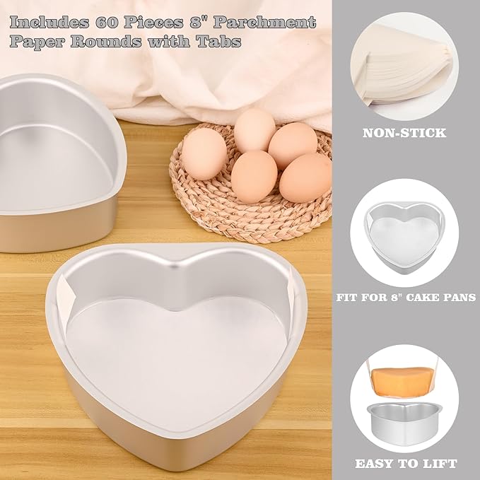 HUAKENER 8 Inch Heart Cake Pan, Set of 2 Heart Shaped Cake Pans with 60 Pieces Parchment Paper, Non-stick Cake Baking Pans for Kitchen Birthday Wedding