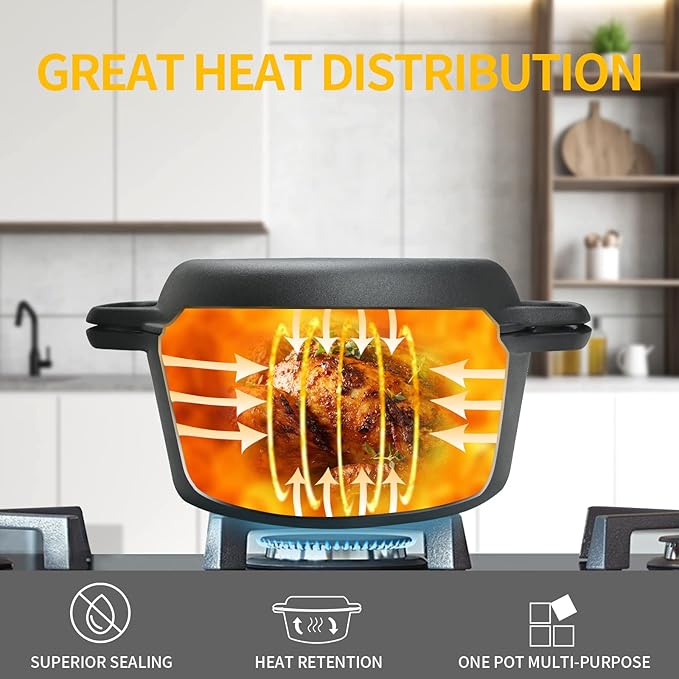 2-in-1 Pre-Seasoned Cast Iron Dutch Oven Pot with Skillet Lid Cooking Pan, Cast Iron Skillet Cookware Pan Set with Dual Handles, Indoor Outdoor for Bread/Frying/Baking/Camping/BBQ, 5 Qt