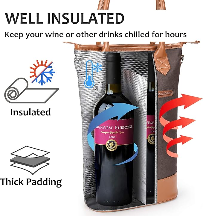 Tirrinia Insulated Wine Gift Carrier Tote - Travel Padded 2 Bottle Wine/Champagne Cooler Bag for Portable Wine Bottle Carrying Case, Women Men Event party, Gift for Wine Lovers