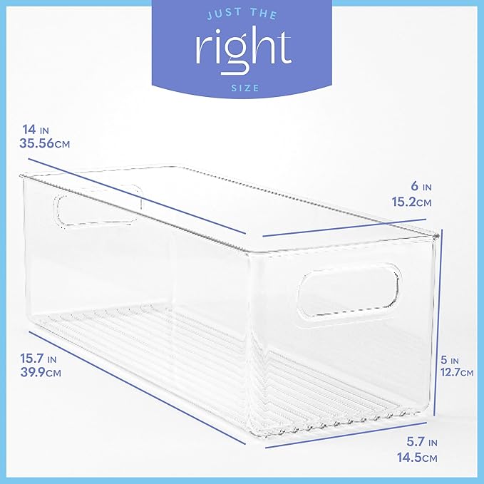 Plastic Food Storage 2 Pack Clear Container Bin with Handles for Organizing Kitchen, Pantry, Fridge, Freezer, Pantry, Bathroom. 14"x6"5"