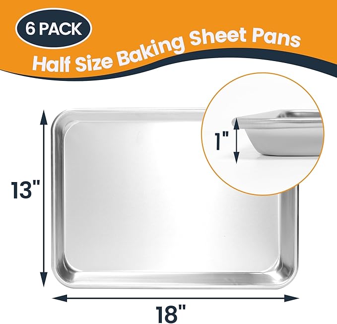 6 Pack Half Size Baking Sheet Pan, Aluminum Commercial Cookie Sheet Pan, Durable & Anti-Stick 18”x 13”