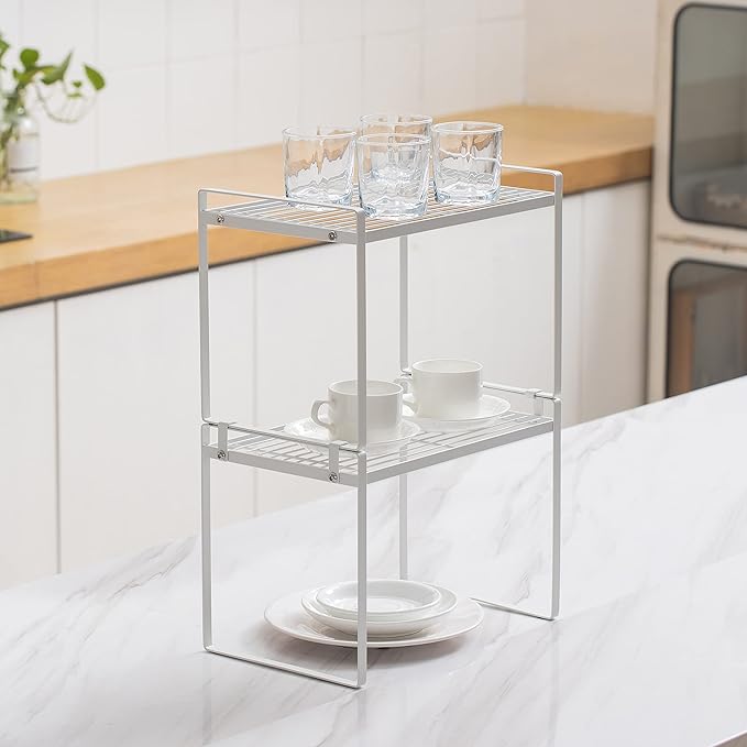 2Pack Kitchen Cabinet Shelf Counter Organizer Rack Pantry Storage Bathroom Bedroom Office Table Desk Space Saving Stackable Rust Resistant Non Slip White Tall Wide L13.1in W10.6in H9.5in