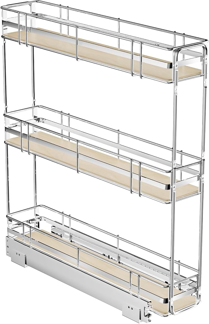 ROOMTEC 3-Tier Pull Out Cabinet Organizer Spice Rack for Narrow Cabinet 6" W x 20½" D, Slide Out Wood Shelves Storage for Kitchen