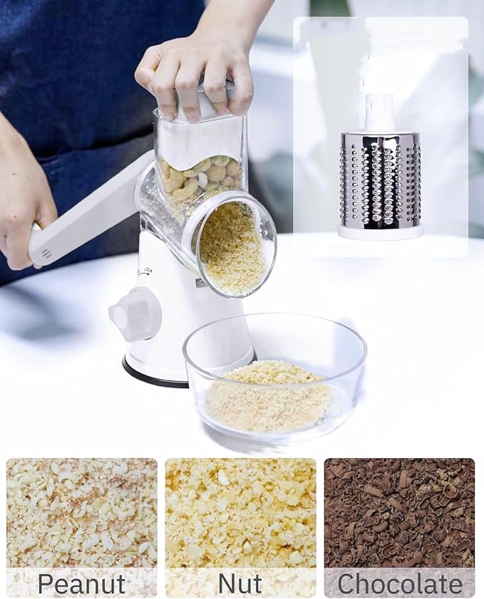 Rotary Cheese Grater Hand Crank, Grater For Kitchen With Reinforced Suction - Rotary Cheese Grater With 3 Replaceable Stainless Steel Blades - Easy to Use & Clean - Vegetable Cutter (White)