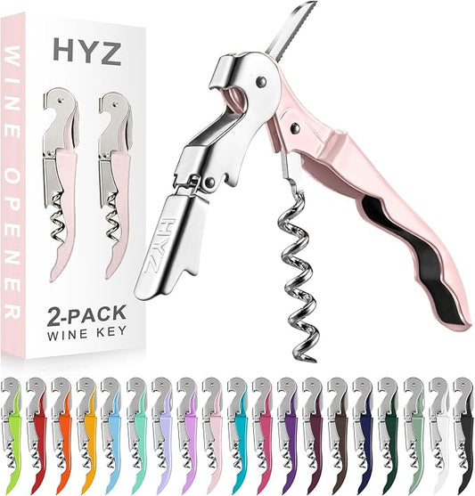 HYZ 2-Pack Wine Opener Waiter Corkscrew, Professional Wine Key for Servers, Bartender with Foil Cutter, Manual Wine Bottle Opener Double Hinged (Pink)