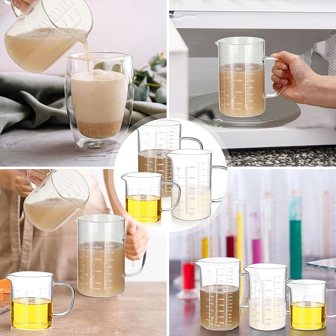 Lallisa 3 Pack High Borosilicate Glass Measuring Cups Set with Handle V Shaped Spout, 4, 2, 1 Cup 3 Scales (Oz, Cup, Ml) for Kitchen Restaurant Baking Cooking, Easy to Read, Clear(White Scale)