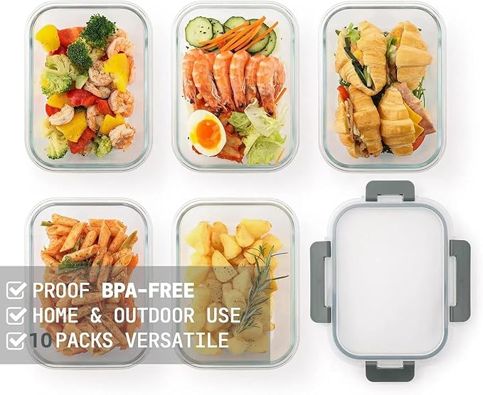 10 Pack 22 Oz Glass Meal Prep Containers with Lids, Reusable Glass Food Storage Containers with Lids, Leak Proof, Microwave, Oven, Freezer and Dishwasher Safe (Gray)