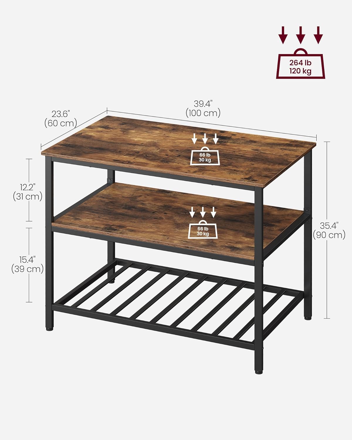 VASAGLE Kitchen Island with 3 Shelves, 39.4 Inches Width Kitchen Shelf with Large Worktop, Stable Steel Structure, Industrial, Easy to Assemble, Rustic Brown and Black UKKI005B01