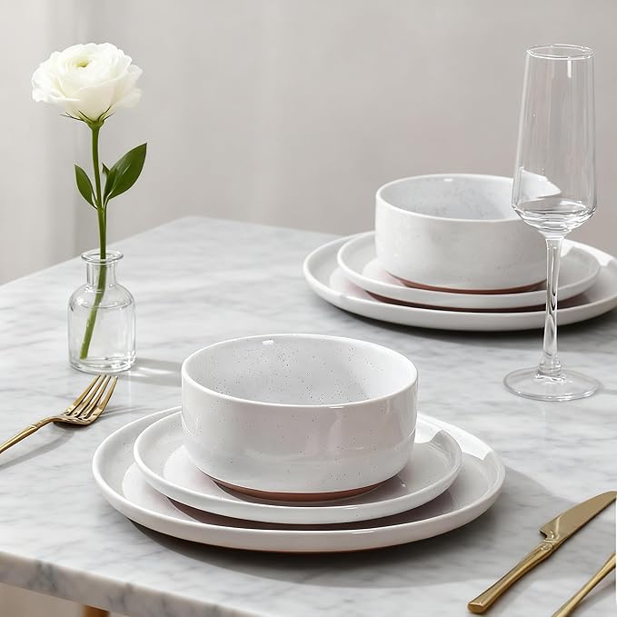 GZG Modern Art Series - 24 Pcs Speckled Stoneware Plates and Bowls Sets, Ceramic Dinnerware Set with Rustic Terracotta Underside, Microwave and Dishwasher Safe Handcrafted Dishes Set - Porcelain White
