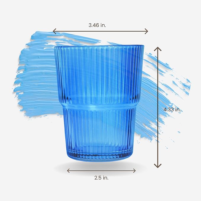 Ribbed Drinking Cups Set of 4-14oz Blue Highball Glass, Stackable Vintage Tumblers for Cocktails, Iced Coffee, Juice & Water, Elegant Everyday Glassware
