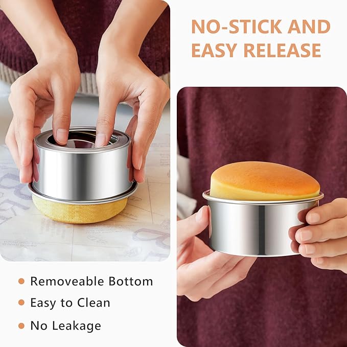 4 Inch Cake Pan Set of 4, Removable Bottom & Easy Releasing Mini Cake Pan, Leakproof & Nonstick Round Cake Pan, 304 Stainless Steel Small Cake Baking Pans, Non-Toxic & Healthy