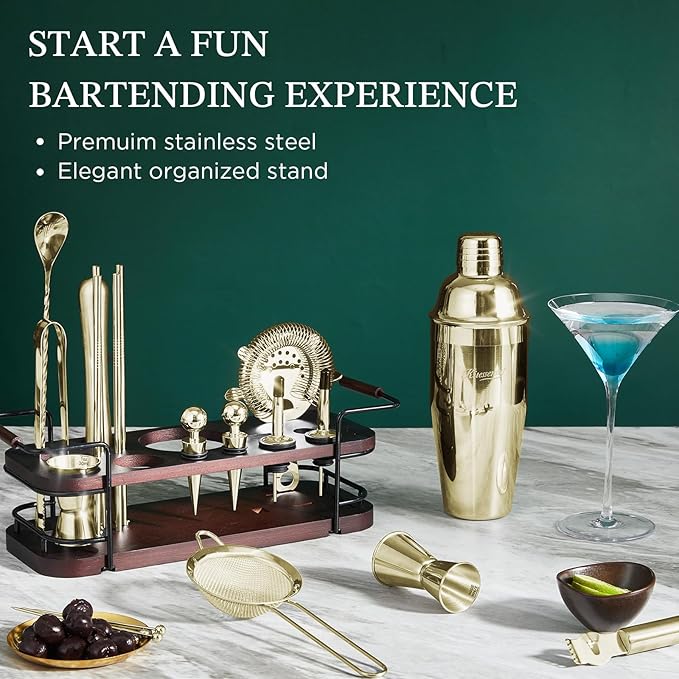 KITESSENSU Cocktail Shaker Set Bartender Kit with Stand | Complete 24-Piece Bar Set Cocktail Kit with All Bar Accessories, Gold