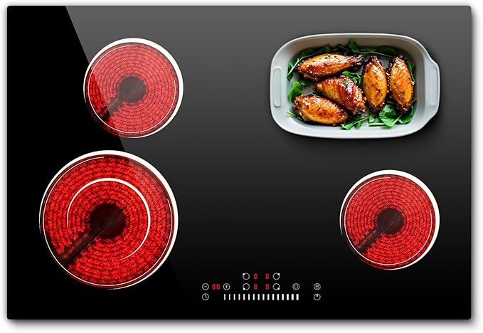 30 Inch Electric Cooktop 6600W, 4 Burner Electric Stove with Slide Control, Built-in 30'' Ceramic Cooktop 220V Hard Wire, Timer & Safety Lock, Extended Zone, Residual Heat Warning