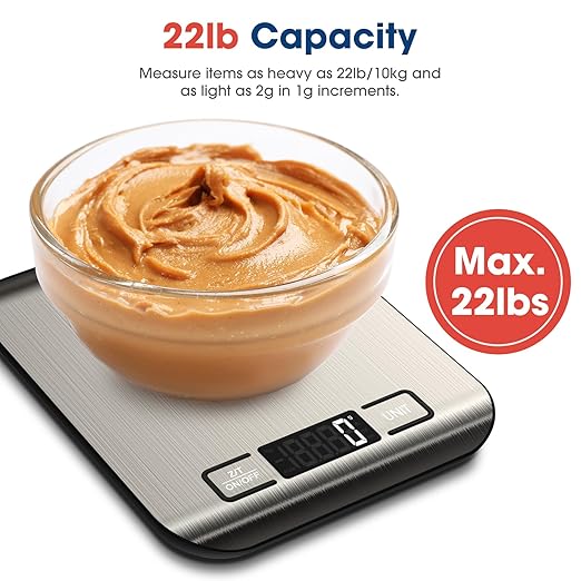 Mik-Nana Food Scale, 22lb Digital Kitchen Scale Weight Grams and Ounces for Baking Cooking Coffee Package Postage, 6 Units with Tare Function, LCD Display, Easy Clean Stainless Steel