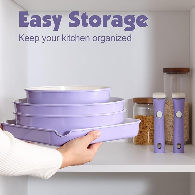 SENSARTE 17 Piece Ceramic Pots and Pans Set, Nonstick Detachable Handle Cookware, Induction Kitchen Cookware Set with Removable Handle, Dishwasher ＆ Oven Safe (Purple)