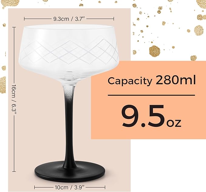 MIAMIO – 9.5 Oz Coupe Glasses Set of 4 with Bar Spoon, Handblown Crystal Cocktail Glasses with Black Stem, Cocktail Glasses, Vodka Martini Glasses, Champagne Coupe Glasses – Crystaluna Collection