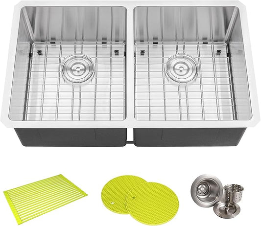 32 in. x 19 in. x 10 in. 16-Gauge Stainless Steel Undermount 50/50 Double Bowl Kitchen Sink with Bottom Grid, Silicon Dishrack, Pot Mat and Strainer