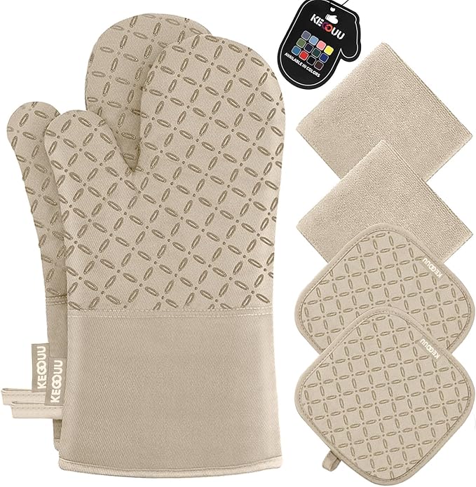 KEGOUU Oven Mitts and Pot Holders 6pcs Set, Kitchen Oven Glove High Heat Resistant 500 Degree Extra Long Oven Mitts and Potholder with Non-Slip Silicone Surface for Cooking (Almond)