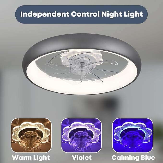 20'' Ceiling Fan with Light, Upgraded Low Profile Fan, Flush Mount Ceiling Fan, 6 Speeds, Dimmable LED, App & Remote Control, Quiet DC Motor, for Bedroom, Living Room, F109 Grey