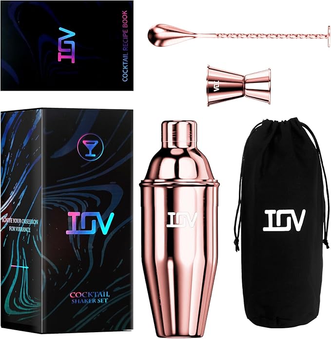 IOV Cocktail Shaker Bar Set, 24oz Martini Shaker with Built-In Strainer, Bar Tool Kit with Recipes Booklet, Professional Stainless Steel Large Bartender Drink Shaker Margarita alcohol Mixer- Rose Gold