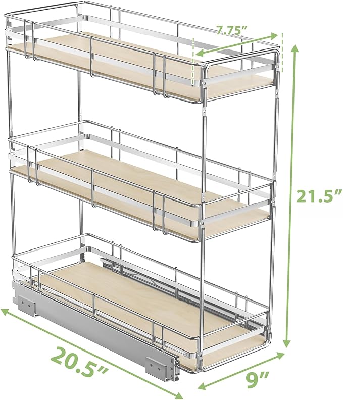 ROOMTEC 3-Tier Pull Out Cabinet Organizer Spice Rack for Narrow Cabinet 9" W x 20½" D, Slide Out Wood Shelves Storage for Kitchen