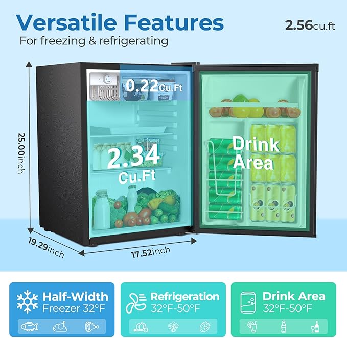 2.56 Cu.ft Compact Refrigerator with Reversible Single Door, BLACK