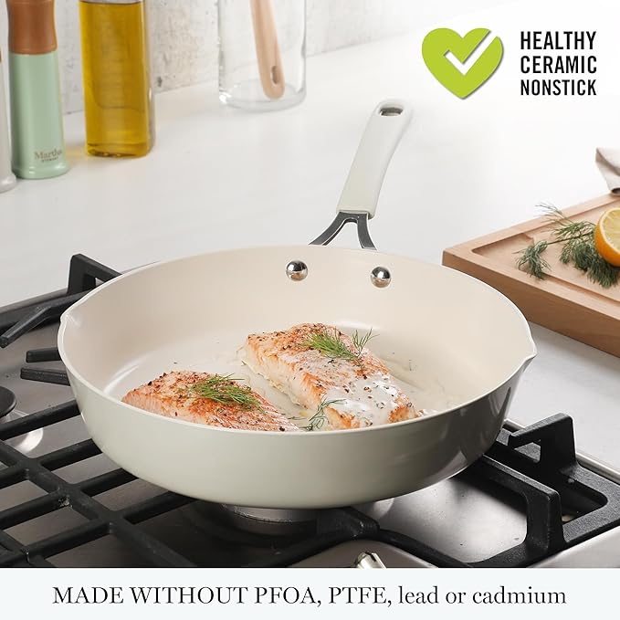 Martha Stewart Heathland 9.5 Inch Aluminum Cookware Non-Toxic Premium Ceramic Non Stick Frying Pan, Kitchen Egg Pan, Omelet, Pots and Pans, Linen White, Induction Safe
