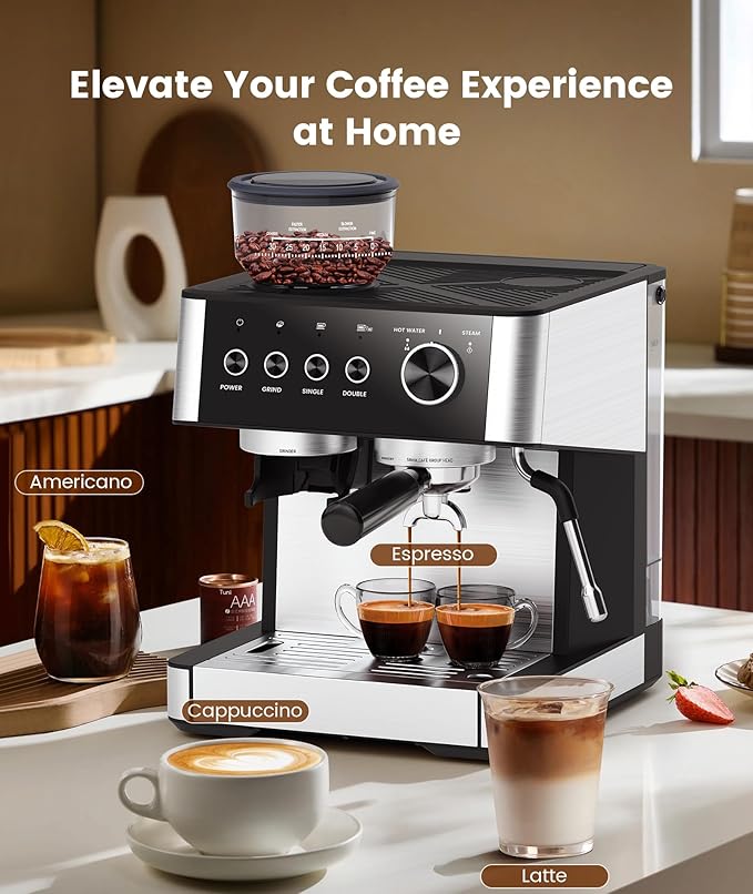 COWSAR Espresso Machine with Grinder, 15 Bar Expresso Coffee Machines with Milk Frother Steam Wand for Latte/Cappuccino, 77.8oz Removable Water Reservoir for Home/Office