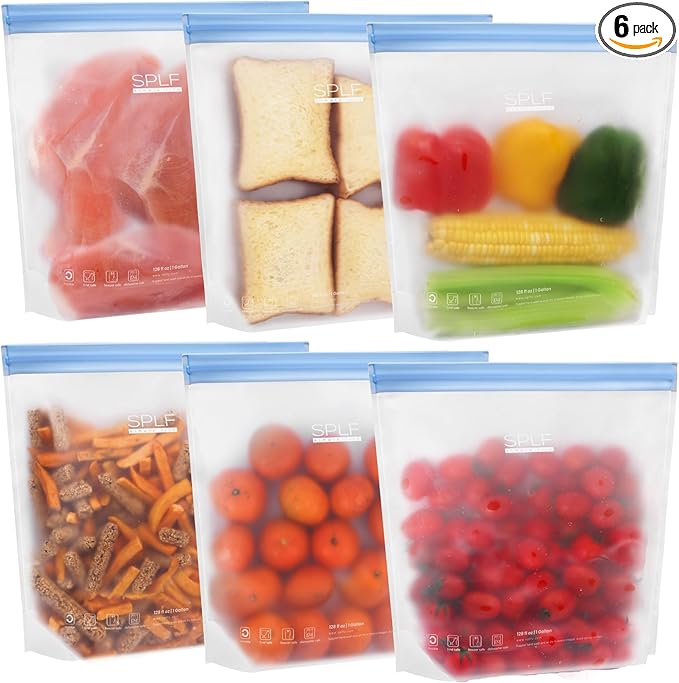 SPLF 6 Pack Stand-Up Reusable Gallon Freezer Bags Dishwasher Safe, Extra Thick 1 Gallon Leakproof Food Storage Bags, BPA and Silicone Free Freezer Bags for Meal Prep, Bread, Veggies, Home Organization