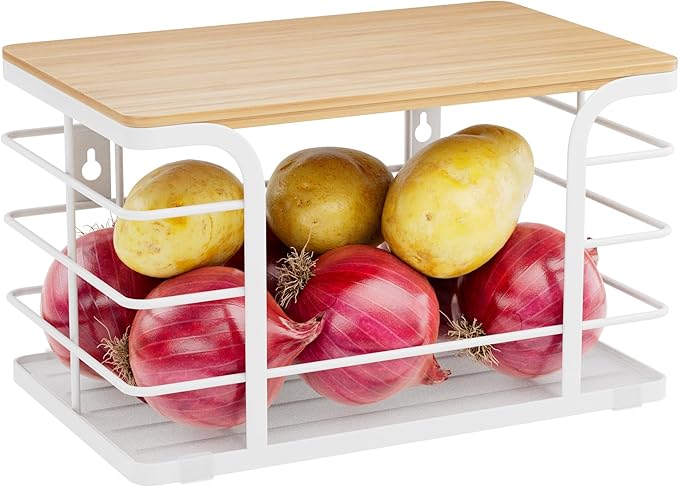 Potato and Onion Storage Bin,Kitchen Organizers Pantry Bin with Bamboo Top for Onion,Potato,Fruits,Vegetable,Produce Storage, White