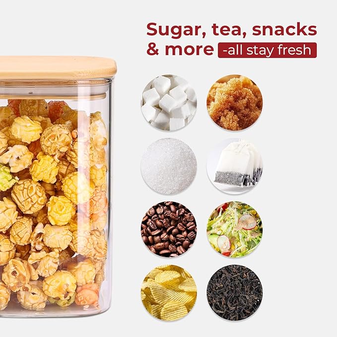 Glass Storage Containers with Lids, Food Storage Jar Canister Set, Pantry Organizers for Cookie Candy Tea Coffee Bean (4 pack 1qt)