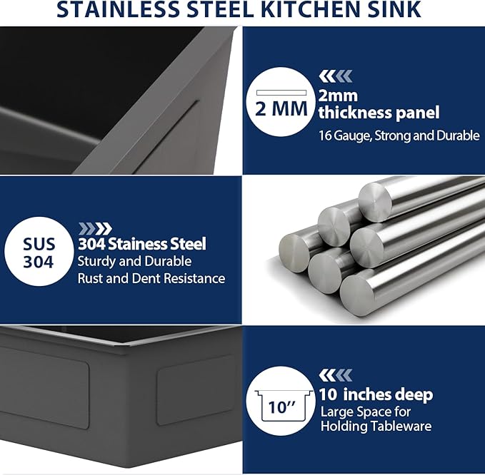 Lordear 25 Inch Black Kitchen Sink Undermount Kitchen Sink Workstation 25x19x10 Gunmetal Black 16 Gauge Stainless Steel Single Bowl